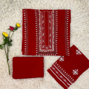 Bright red handmade embroidery of Tarkashi & katcha Tanka