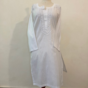 Hand-Embroidered White Tukri Work Kurta