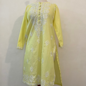 Lemon yellow handmade chikankari embroidered kurta