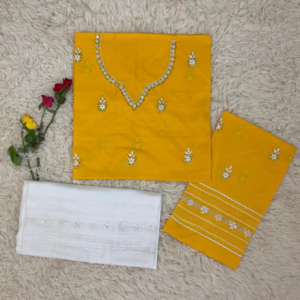 Mustard yellow hand embroidered Tarkashi and mirror work set