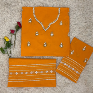 Orange hand embroidered Tarkashi and mirror work set