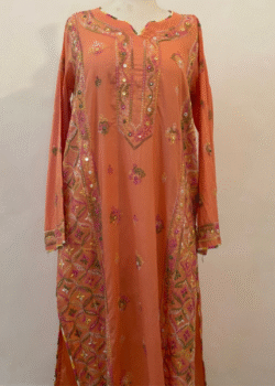 Peach handmade chikankari shadow work kurta