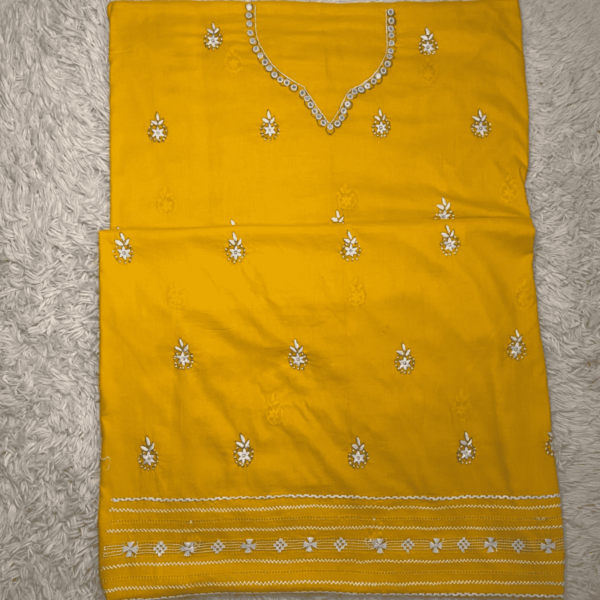 Mustard yellow hand embroidered Tarkashi and mirror work set - Image 2