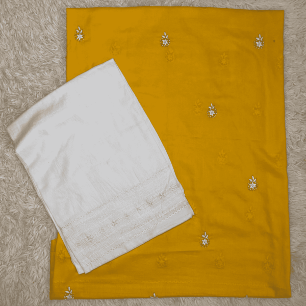 Mustard yellow hand embroidered Tarkashi and mirror work set - Image 3
