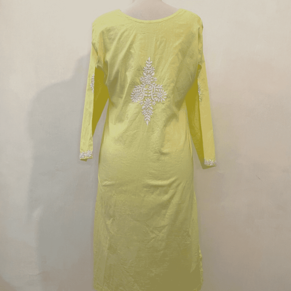 Lemon yellow handmade chikankari embroidered kurta - Image 2