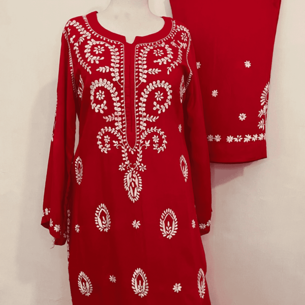 Red handmade chikankari embroidered co-ord set - Image 2