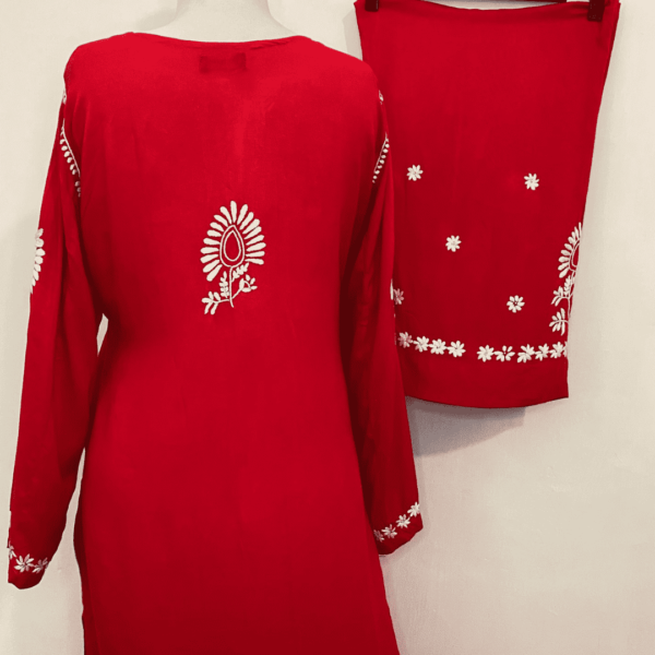 Red handmade chikankari embroidered co-ord set - Image 3
