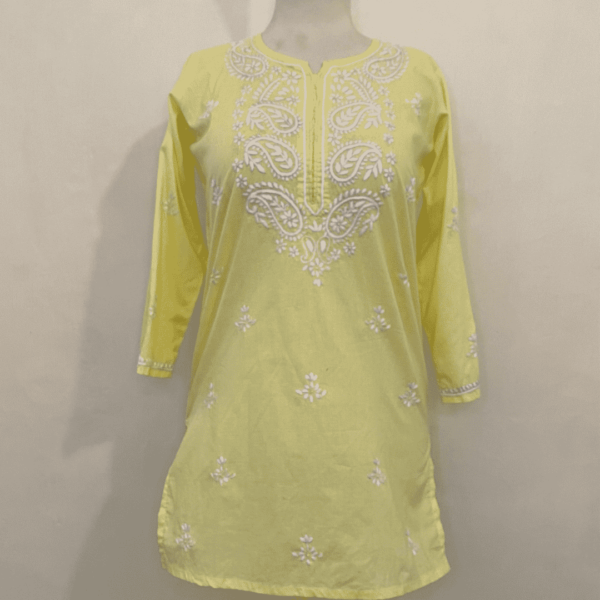 Lemon Yellow handmade chikankari kurti - Image 2