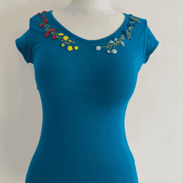 Teal Hand Embroidered T-shirt