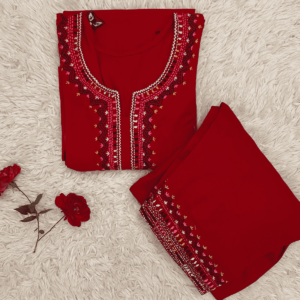 Red Hand Embroidered Khaddar Suit