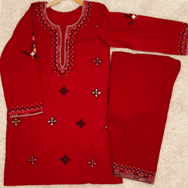 Red Hand Embroidered Khaddar Suit
