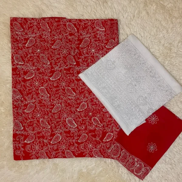 Red chikankari jaal embroidery shirt with trouser