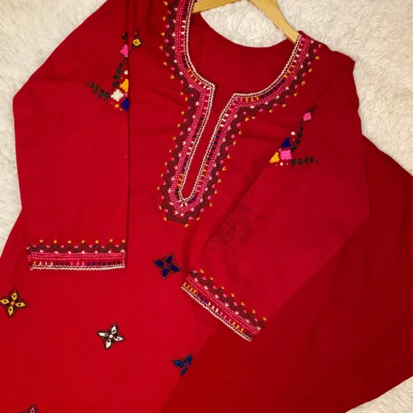 Red Hand Embroidered Khaddar Suit