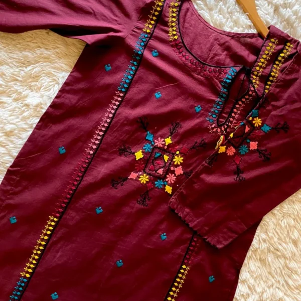 Maroon hand embroidered pure lawn shirt