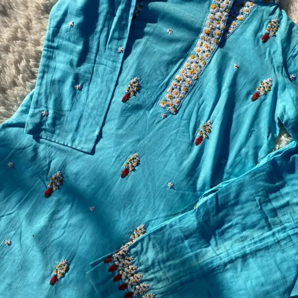 Sky Blue Hand Embroidered Khaddar Shirt with Plain Trouser